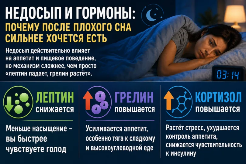 Недосып и гормоны: почему после плохого сна сильнее хочется есть, труднее худеть и сохранять мышцы