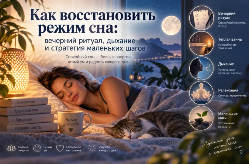 Как восстановить режим сна: вечерний ритуал, дыхание и стратегия маленьких шагов